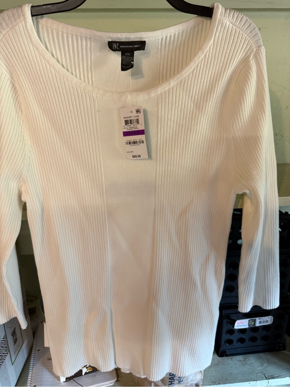 INC International Concepts White Ribbed Long Sleeve Scoop Neck Top
